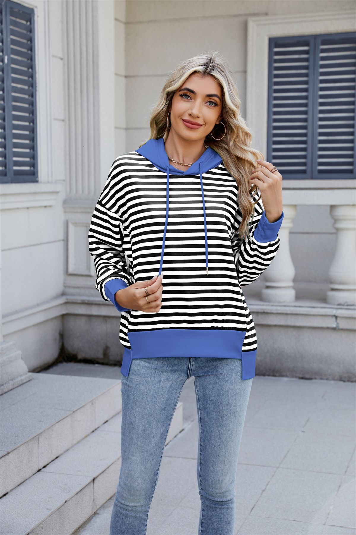 2025 Spring Summer New Loose Striped Sweatshirt Color Block Irregular Top