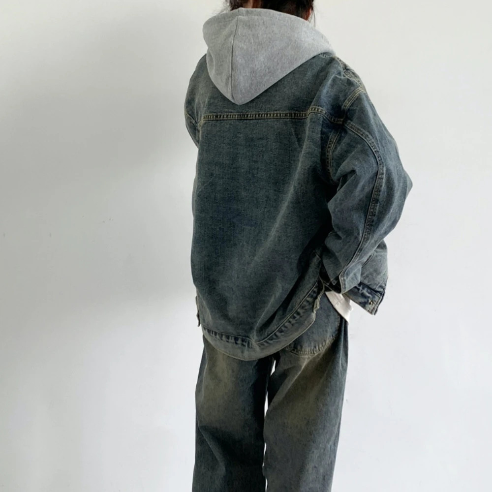Korean Fashion High Quality Hip Hop Denim Jacket Men Streetwear Couple Stand Collar Vintage Coat Kpop Distressed Jackets 251017