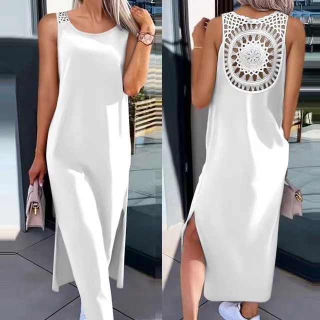 Women's Lace Hollow Out Strap Sleeveless Slit Tank Over-the-Knee Mid-Length Summer Dress