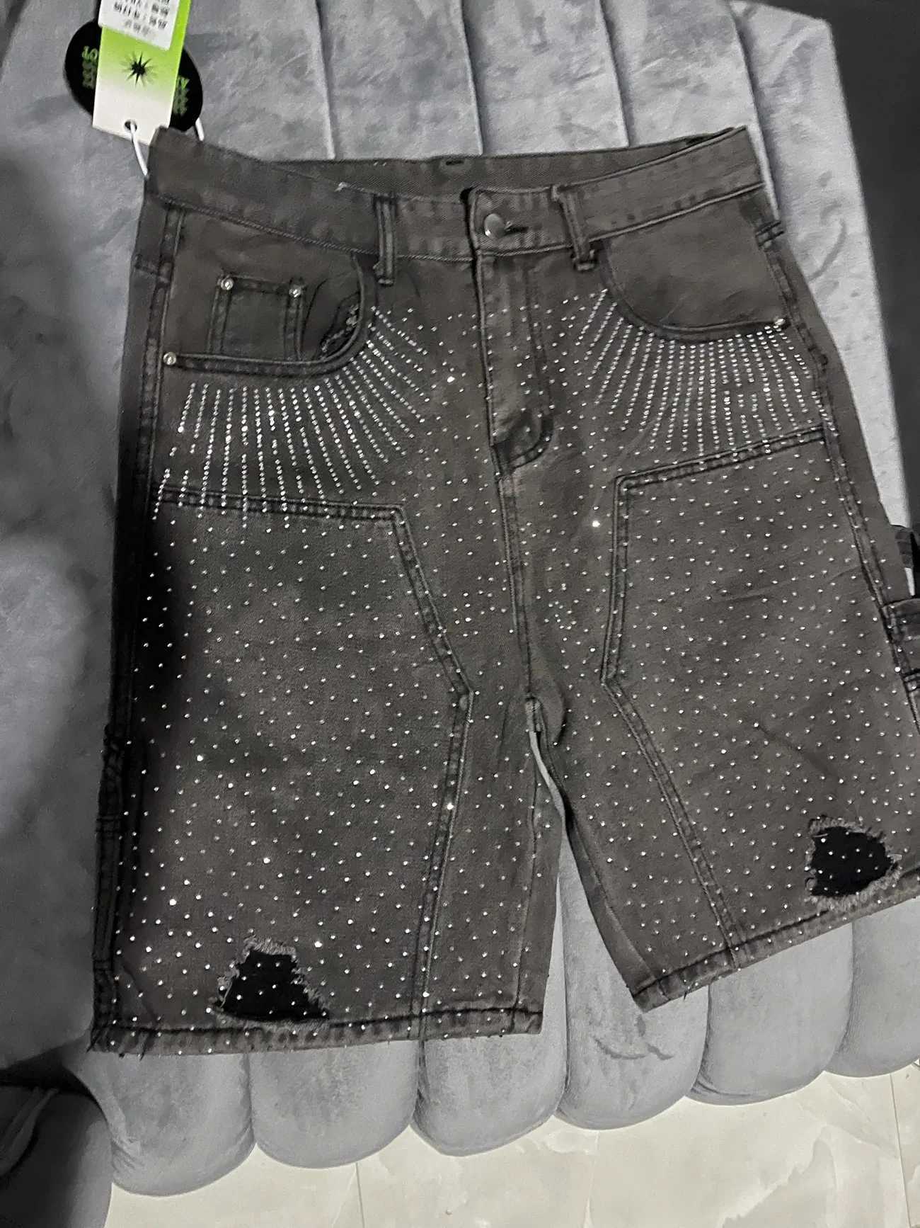 Retro rhinestone sequins denim shorts y2k fashion street couple hip hop fashion sports casual denim shorts American styleXJ251025