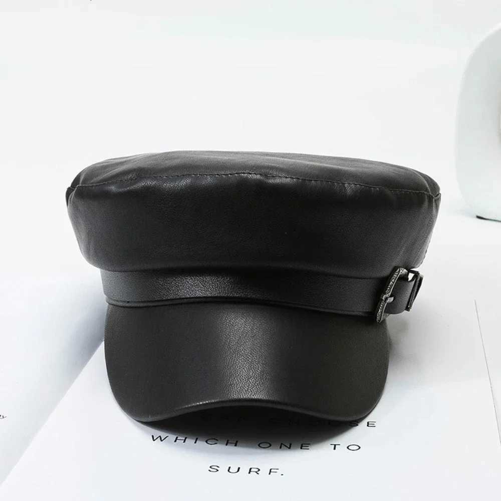 Wen Men Fashion Leather Hat with Belt Buckle Military Beret C Flat Top Sailor Hat Black Autumn Spring Casual Vintage Y251025