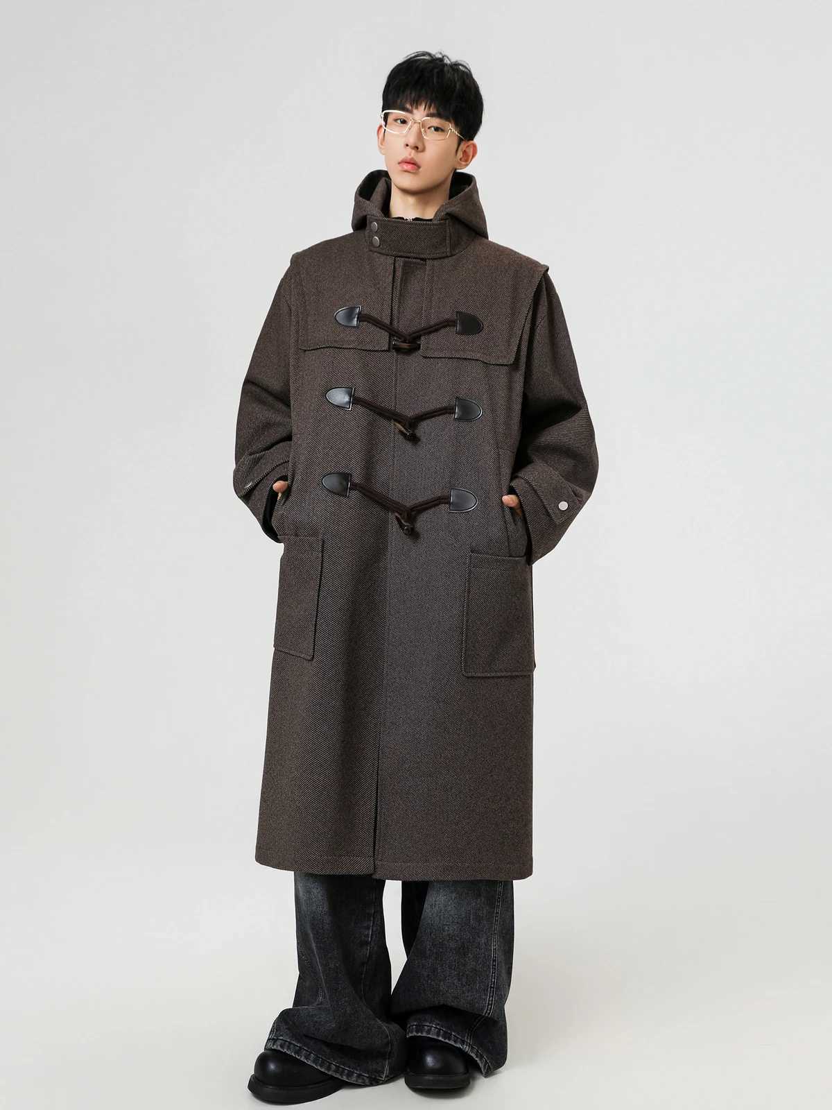 Coffee Color Mens Long Hooded Blend Trench Coat with Bullhorn Buttons Retro Midlength Windbreaker with Extended CoatT251025