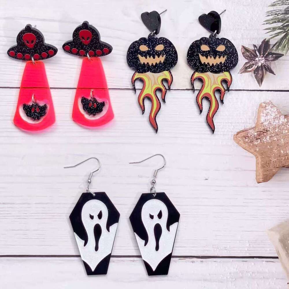 New Halloween Printed Cute Funny Earrings for Women Ins Design Sense Alien Pumpkin Ear Jewelry Accessories