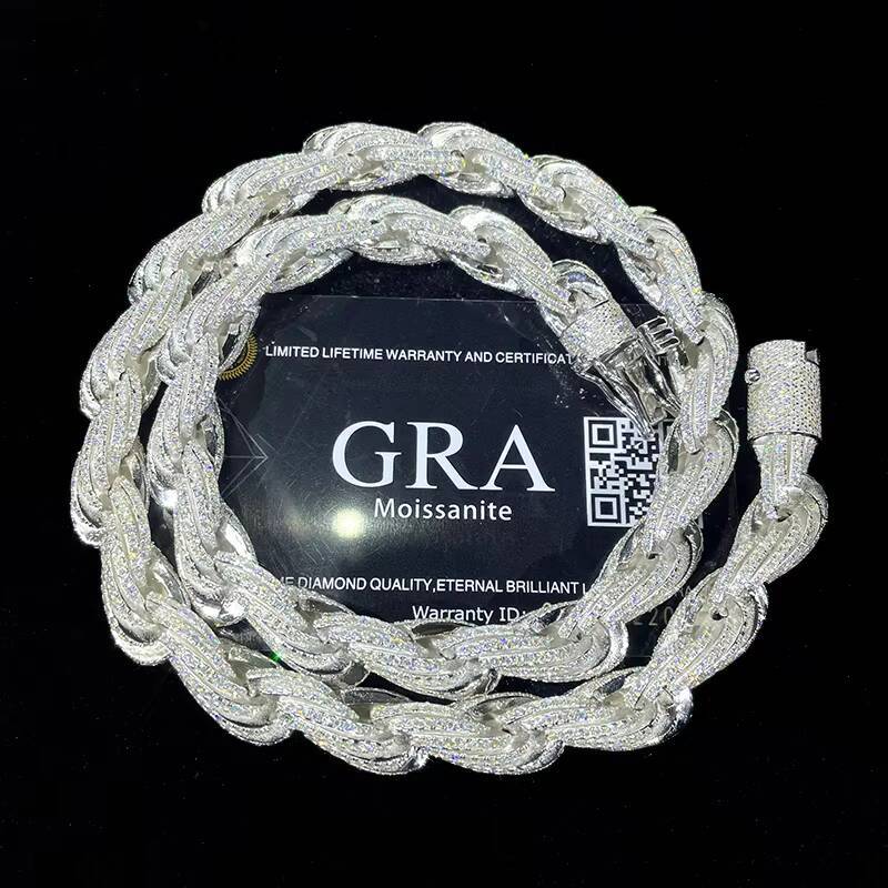 Custom 10mm VVS Moissanite 925 Sterling Silver White Gold Plated Iced Out Rope Chain Passes Diamond Tester Hip Hop Necklace Men