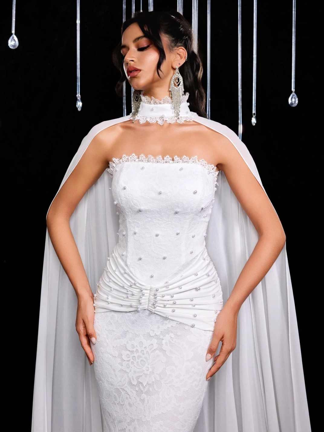 Luxury Lace Wedding Dress for Women Cloak Mermaid Pearls Chapel Train Ruched Engagement Vestidos De Gala Customized