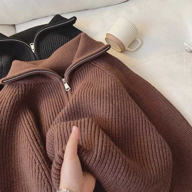 2024 Autumn New Korean Style Versatile Basics Halfzipper Loose Lapel Winter Longsleeved Lazy Sweater Pullover TopT251025