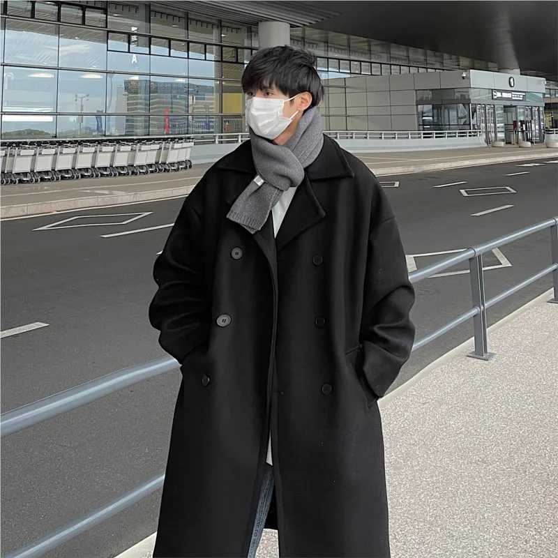 Long Dust Coat Men Winter Koreanstyle Trench Mens Solid Double Breasted Woolen Cloth Coat Loose Casual Trenchcoat OutwearT251025