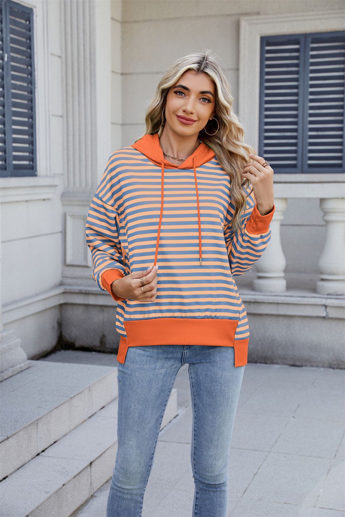 2025 Spring Summer New Loose Striped Sweatshirt Color Block Irregular Top