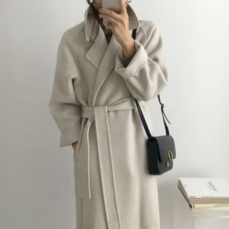 Long Wool Coats Women Midi Waist Lace Up Belt Blends Splice Full Sleeve Cardigan Solid Thick Warm Jackets Straight Winter 251020
