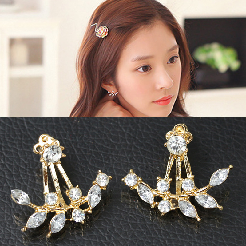 Korean fashion Women's Accessories Crystal Leaf with Inlaid Dias Branch Hanging Zircon Earrings