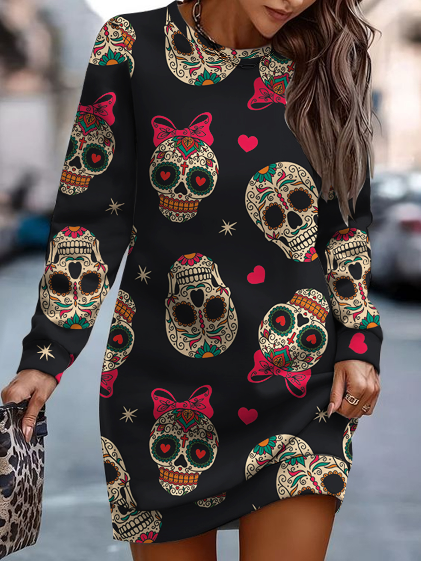 Autumn Winter New Women's Skull Printed Casual Commute Style Elegant Dress, Milk Silk Black Dress, S-XXL---CF41119