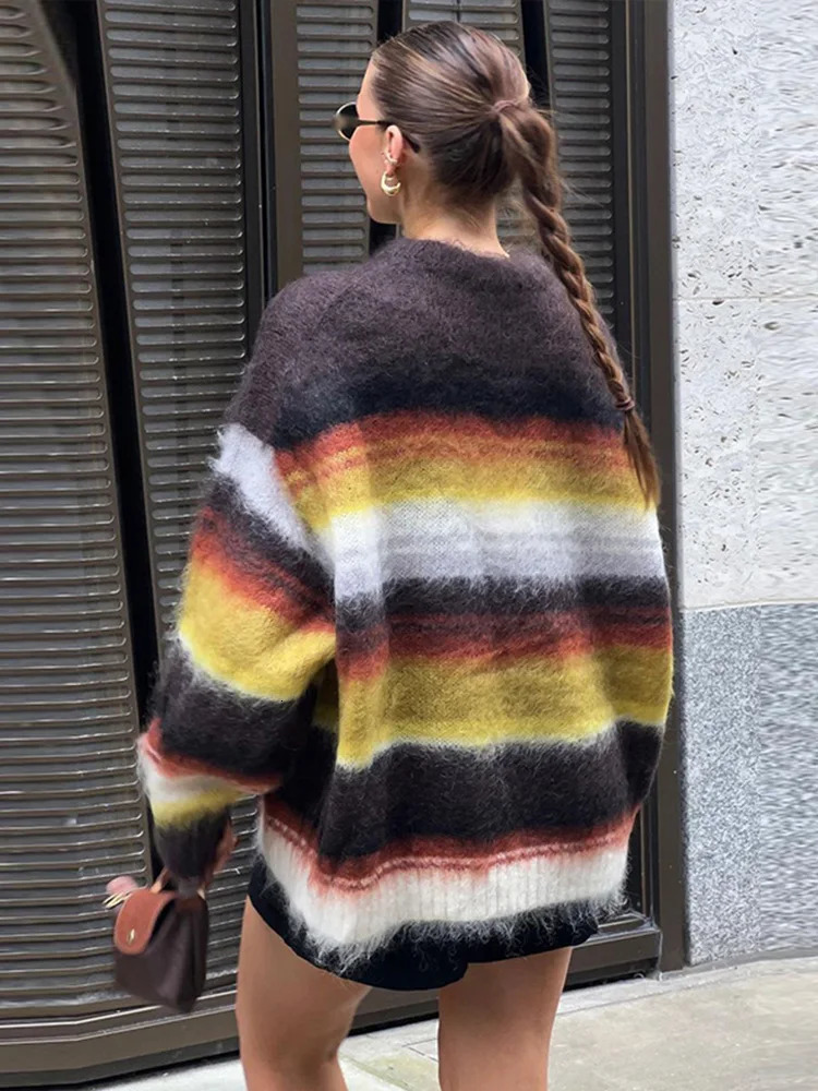 Casual Striped Knitted Fuzzy Sweater Women Cozy Loose Colorful Oneck Full Sleeves Pullover Sweaters Female Autumn Chic Lady Top 251023