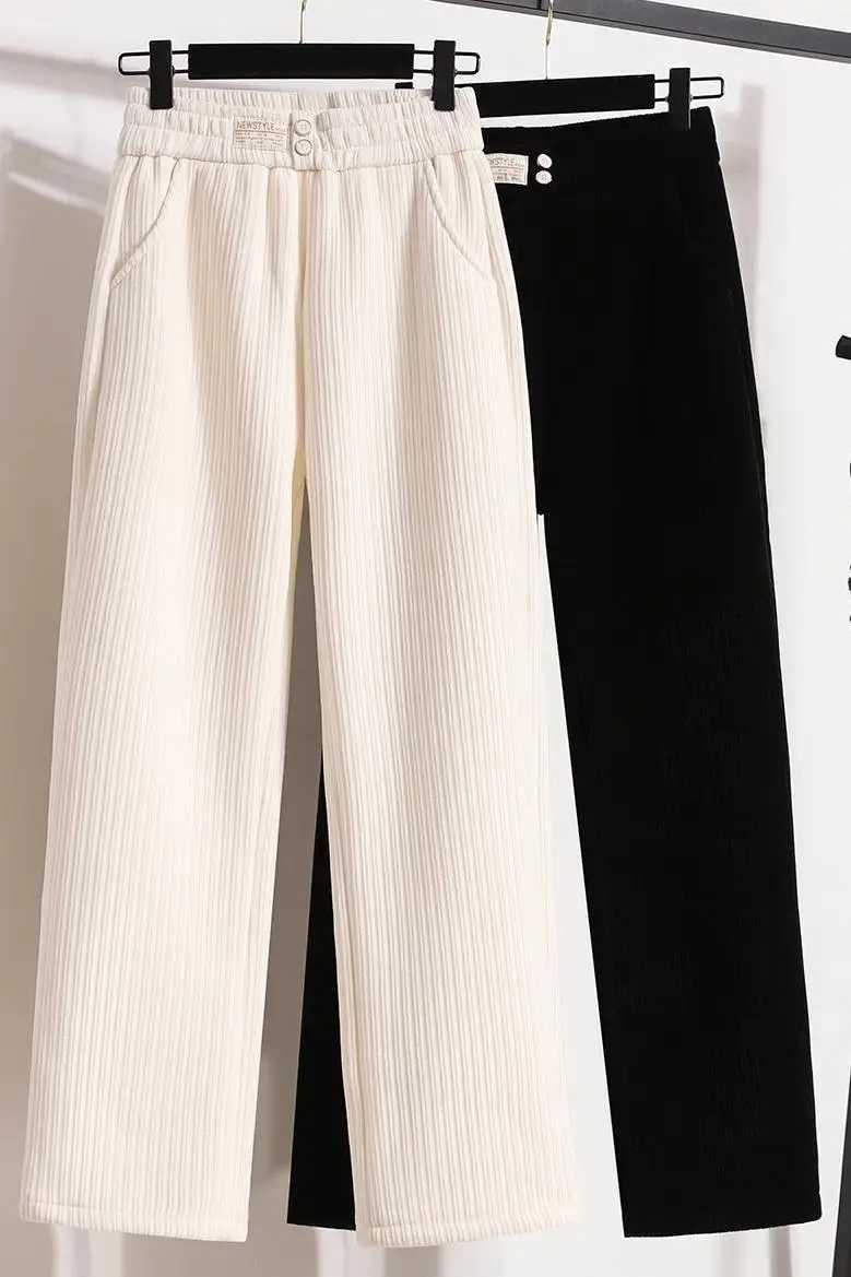 New 2024 Winter Pants For Women Thick Velvet High Elastic Waist White Or Black Chenille Pants Women Streetwear Wide Leg TrousersT251025