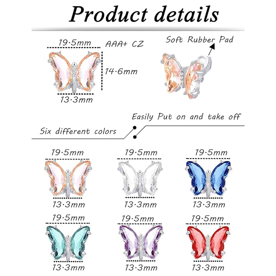 6 Pairs Butterfly Shape Crystal Clip on Earrings Non Pierced Stud Multicolored CZ Earrings for Women Silver Tone