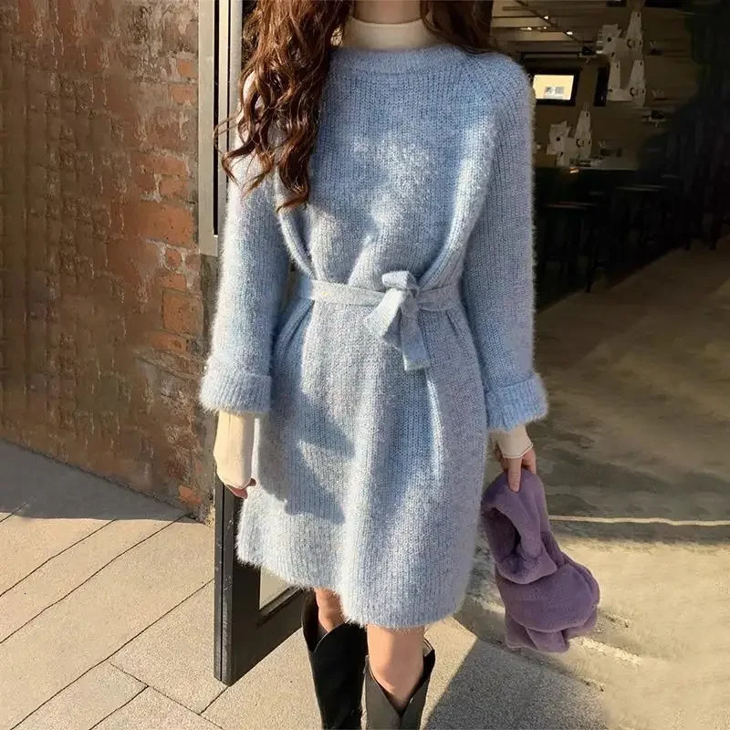Ladies Lazy Style Long Knitted Sweater Dress Arrival Autumn Winter Loose Fit Midi Dress with Waist Cinching Feature 251023