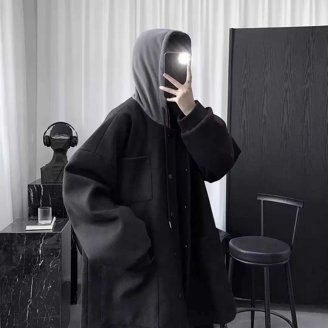 Blends for Men England Style Winter Thicker Hooded Outwear Handsome Big Pockets Black Long Coat Stylish Hombre Fashion DailyT251025