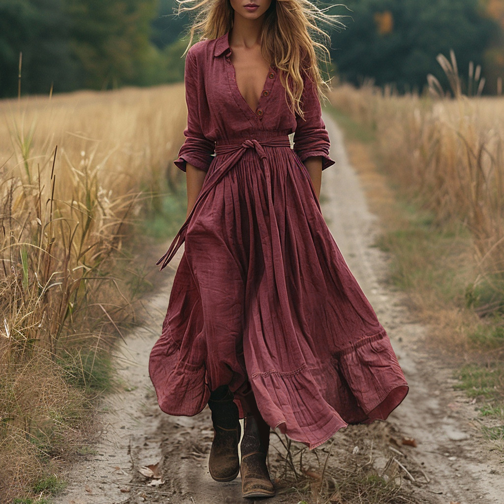 2025 European and American new retro long sleeved Bohemian long cotton linen dress, designer hot selling fashionable dress