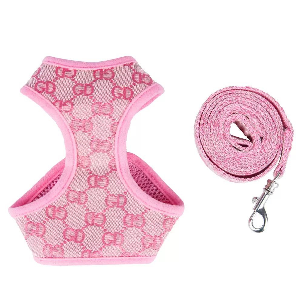 Designer Dog Harness Leashes Set Classic Jacquard Lettering Step-in Dog Harnesses Soft Air Mesh Pet Vest for Small Dogs Cat Teacup Puppies Shih Tzu Po