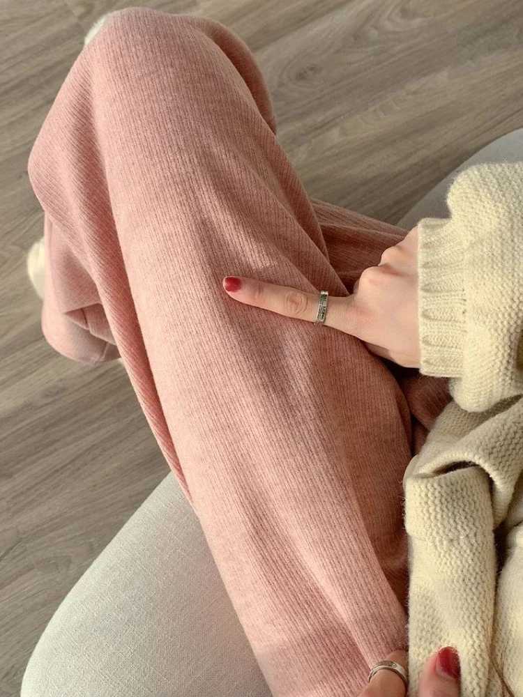 Casual Pants Women Warm Loose Soft Plus Velvet Knitted Korean Style Wide Leg Trousers Temper Allmatch Teens Classic PersonalT251025
