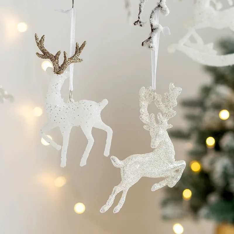 Christmas Tree Hanging Pendants Glitter Small Xmas Deer Oranments Xmas Elk Merry Christmas Decor Happy New Year 2025 White Deer C251024