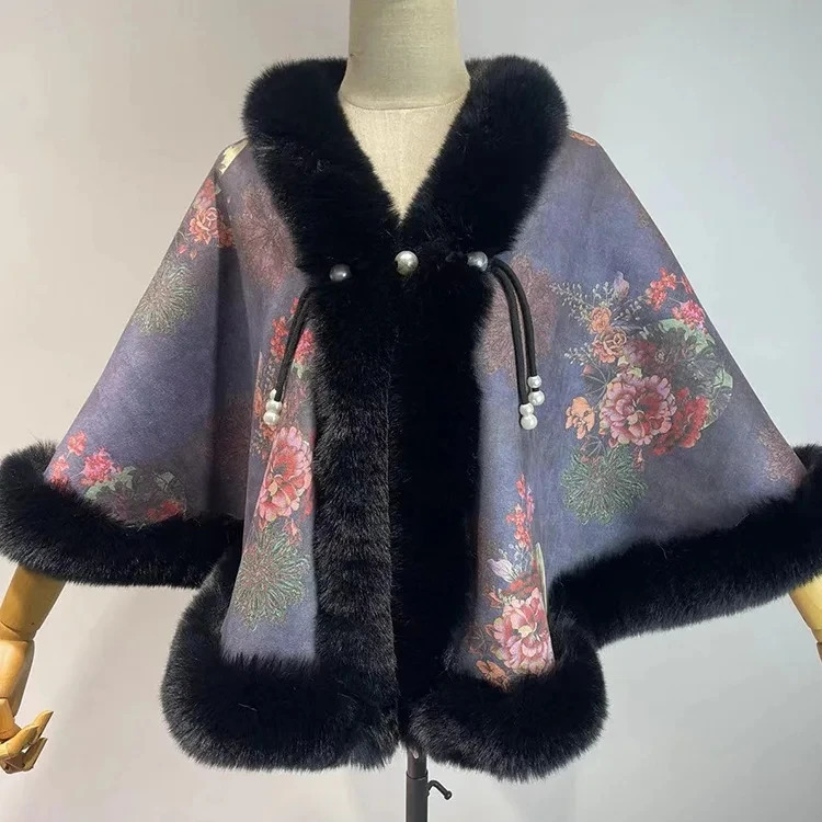 Poncho Cloak Shawl Womens Autumn Winter Short Print Plush Thickened Rabbit Fur Collar Cheongsam Wedding Cape Coat 251024