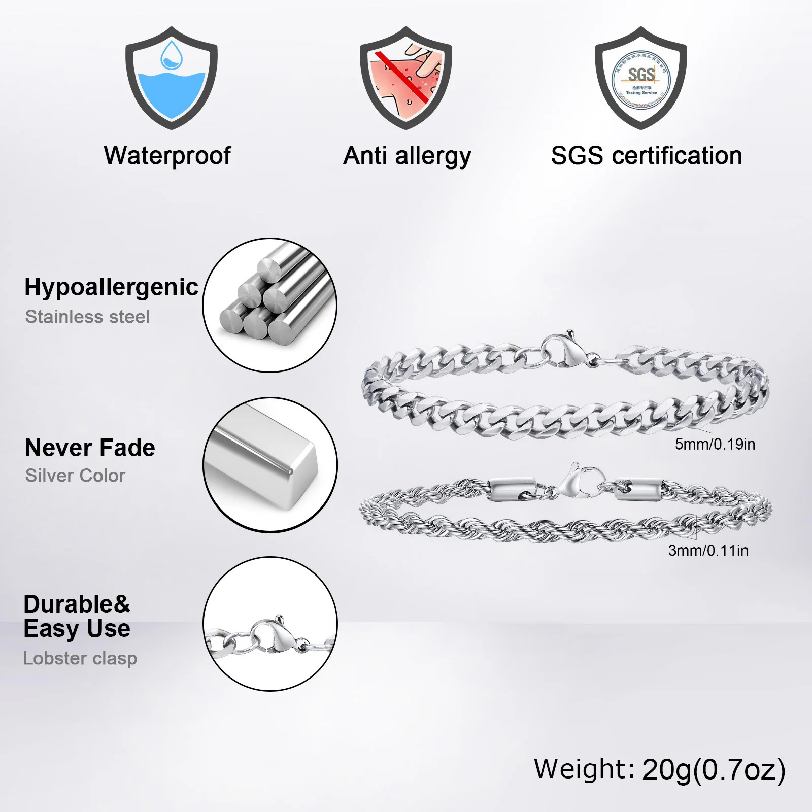 2pcs Mens Chain BraceletsSilver Gold Black Color Stainless Steel Twisted Rope ChainTrendy Cuban Link Chain Wristband Gift 251023