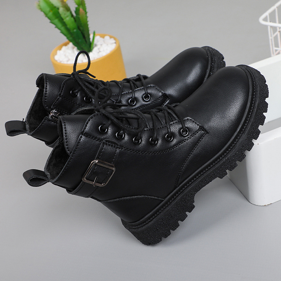 Kids Girl Boots Design Children Winter Lace Up Platform Wedges Comfortable Round Toe Non-slip Ankle Boots Black Plus Sizes 27 - 38 W1186