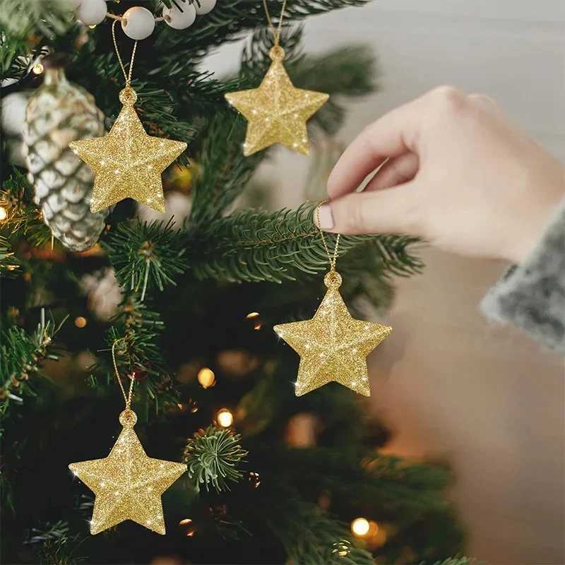 Gold Glitter Star Ornaments Christmas Tree Hanging Pendant 2025 Christmas Decorations for Home Navidad New Year Party DIY Gift C251024