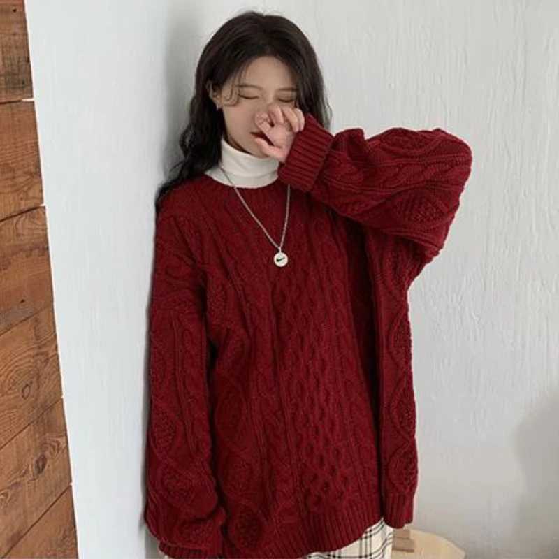 Red Vintage Knitted Sweaters Autumn Winter Pullovers for Women Chic Baggy Students Korean Style Aesthetic College Stylish BasicT251025