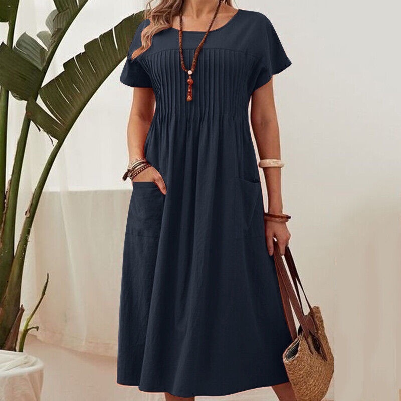 Women's Long New Solid Color Round Neck Pocket Ruched Short Sleeve Cotton Dress