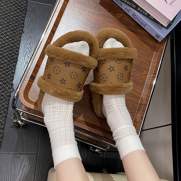 Free shipping flat woolen slippers for women's outerwear in autumn and winter, classic and fashionable with fleece warmth, anti-slip cotton slipp