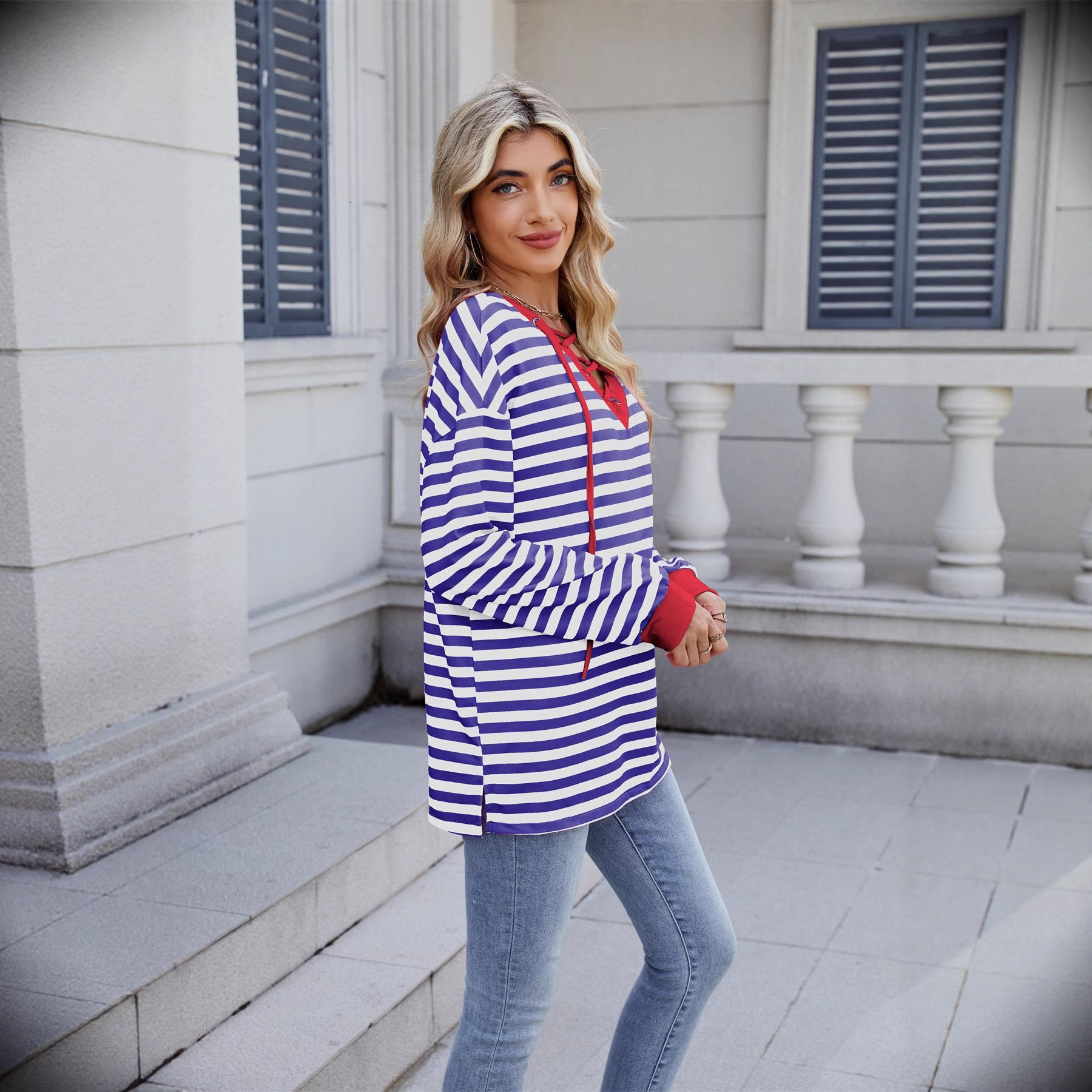 2025 Autumn Winter New Fashion Striped Top Womens Loose Tie Sweatshirt