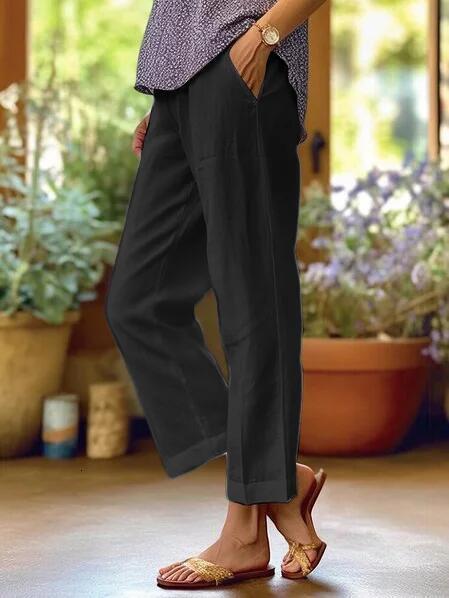 2025 Women's Cotton Linen Loose Solid Color Elastic Waist Pocket Straight Casual Pants