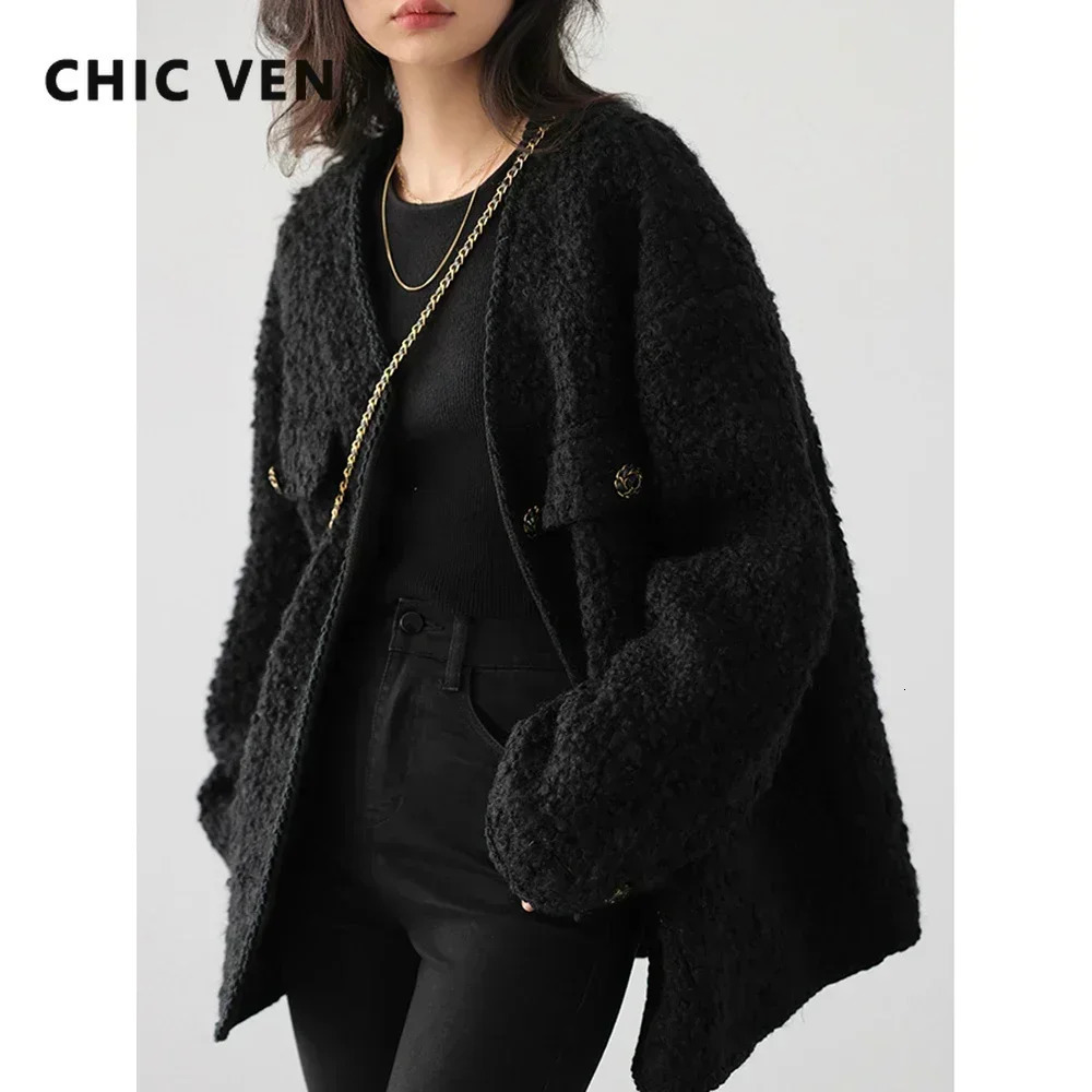 CHIC VEN Fashion Womens Wool Coat Single Breasted Vintage Jacket VNeck Office Lady Overcoat Female Tops Spring Autumn 251020