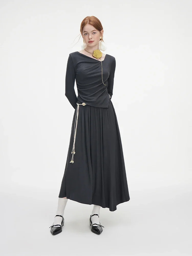 FSLE Women Autumn Knitted Elegant Set Dark Grey Blouse Skirt Asymmetric Thin Pullover Long Sleeve Top Long Knit Skirt 251020