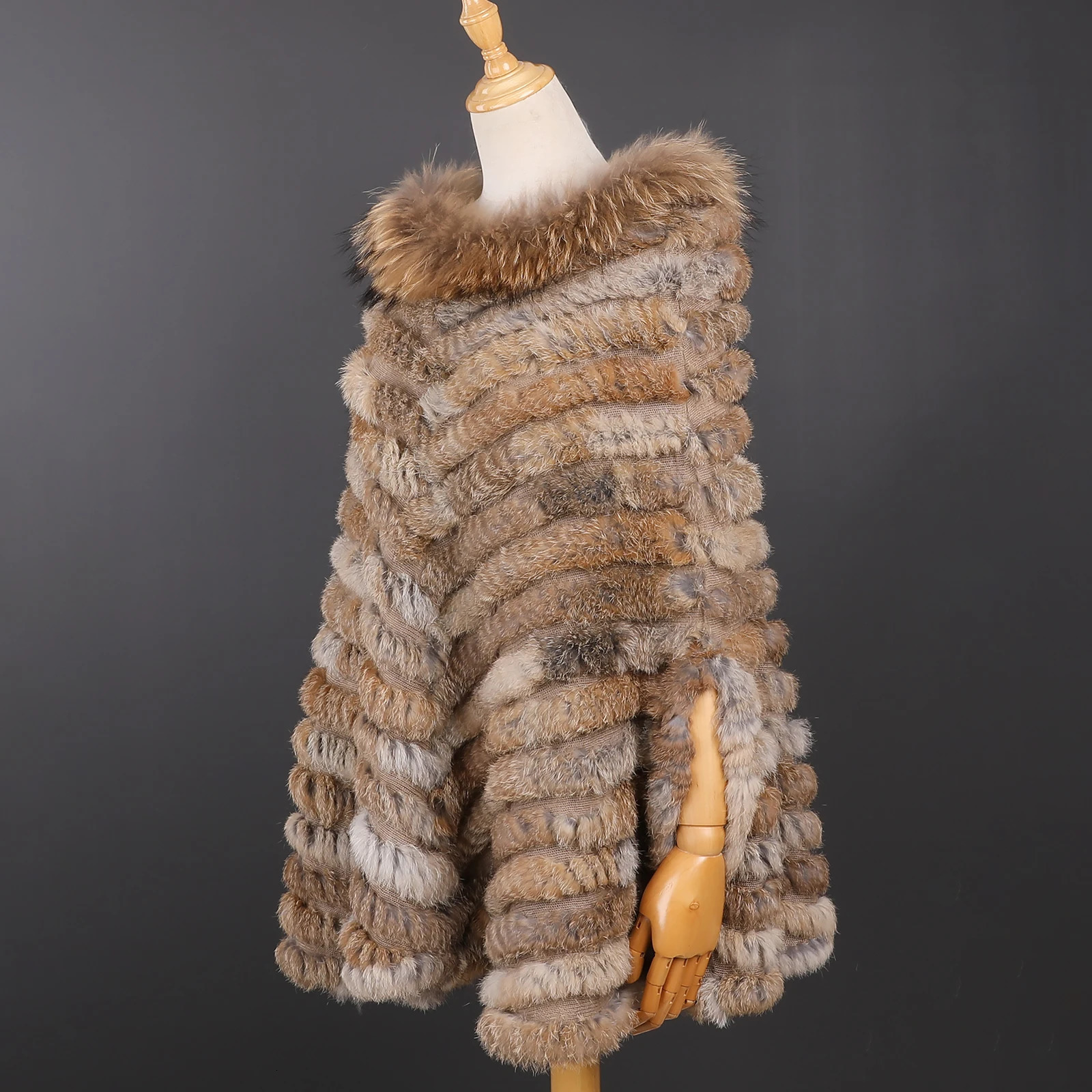 Womens Winter Pullover Poncho Real Rabbit Fur Knitted Cape With Raccoon Fur Trim Collar Lady Shawl Wraps 251024