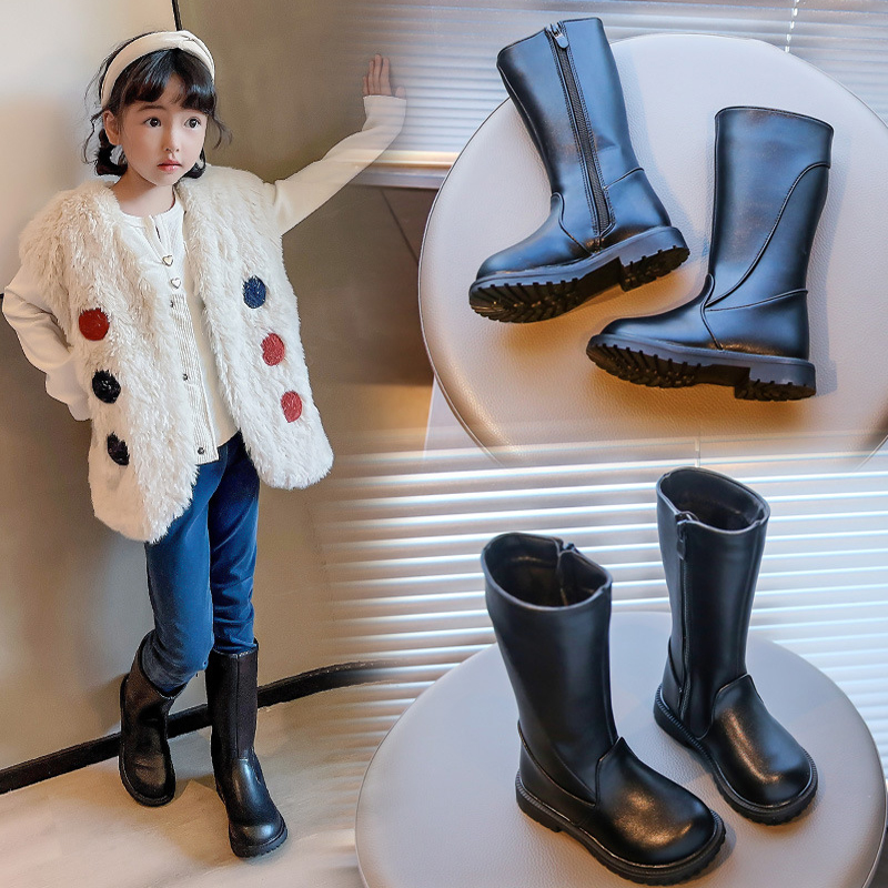 Girls Long Boots Black PU Leather Kids High Boots Winter Fashion Design Warm Fur Happysteps Children Girl Motorcycle Boots Sizes 26 - 36 US9C-US4Y H11
