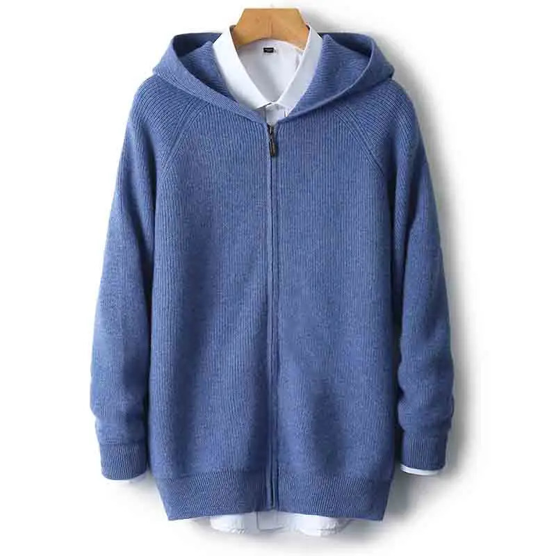 Men 100 Merino Wool Sweater Hooded Zipper Cardigan Autumn Winter Thickened Knit Largesize Jacket Long Sleeved Sportswear Coat 251020