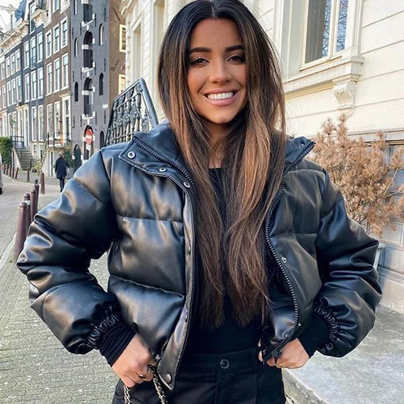 Winter Parka Coat Womens Jacket Thick Warm Women Fashion Black PU Leather Coats Women Elegant Zipper Faux Leather Jackets Tops 251020