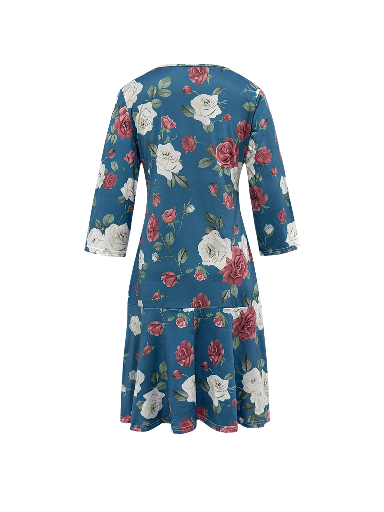 Autumn Winter New Women's Floral Printed Elegant Mom Commute Dress, Milk Silk Long Sleeve Midi Dress, S-XXL Peacock Blue--CF51078