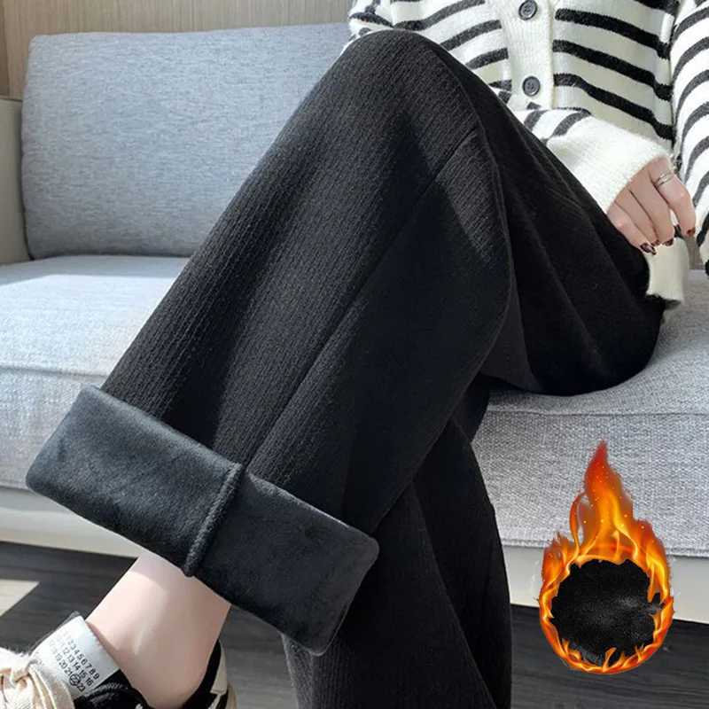 Winter Lady High Waist Fleece Thermal Pants Girls Straight Leg Baggy Fleece Trousers Female Korean Snow Warm Daily PantsT251025