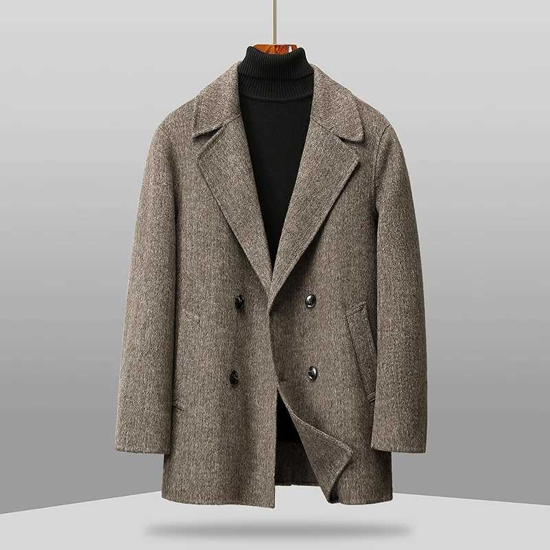 Mens Double Breasted Woolen Coats Business Casual Warm Wool Windbreaker Jackets Outwear Thick Solid Color Top Overcoat ClothingT251025