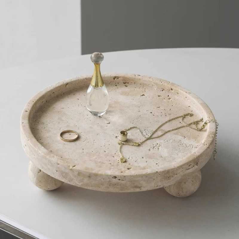 Retro Natural Marble Tray Decorative Fruit Bowl Vintage Travertine Stone Jewelry Per Plate with Threelegs He Decoration Y251025