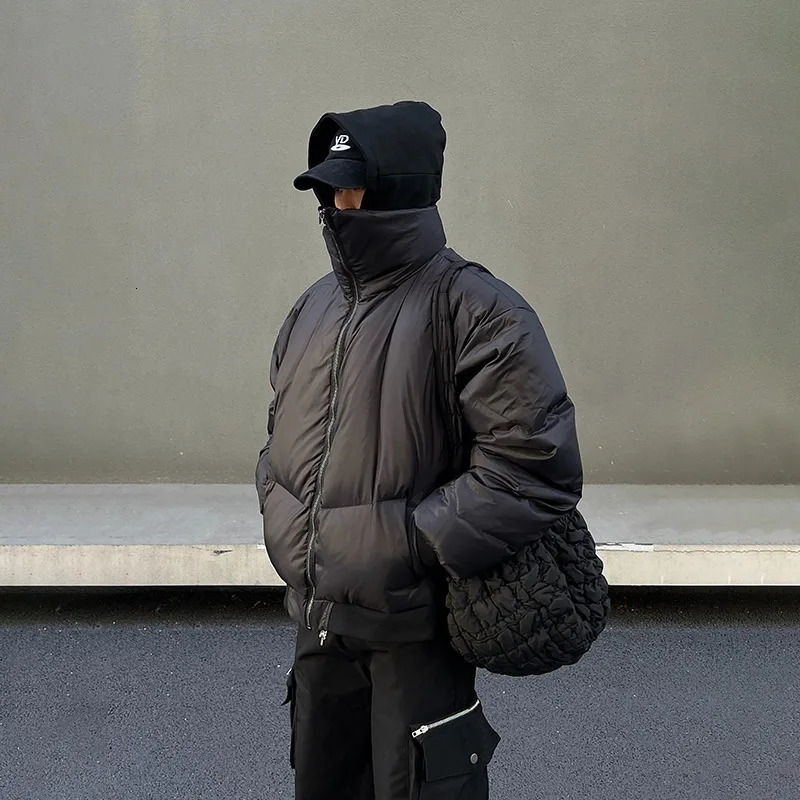 Black Stand Collar Cotton Jacket Mens Heavy Weight Winter Trend High Street Short Parkas Thickening Warm Fluffy Bread Coats 251018