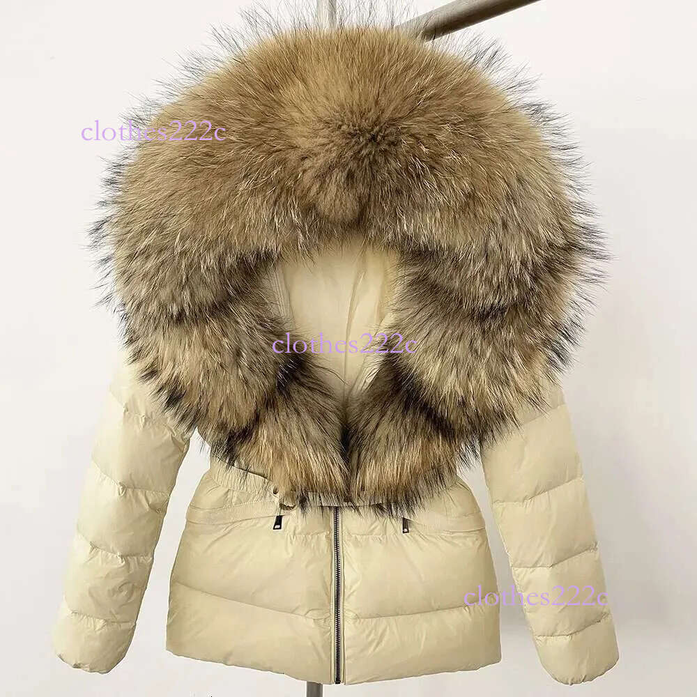 Natural Real Raccoon Fox Fur Collar Jacket Winter Women Hooded White Duck Down Coat Belt Thick Warm Casual Outerwear