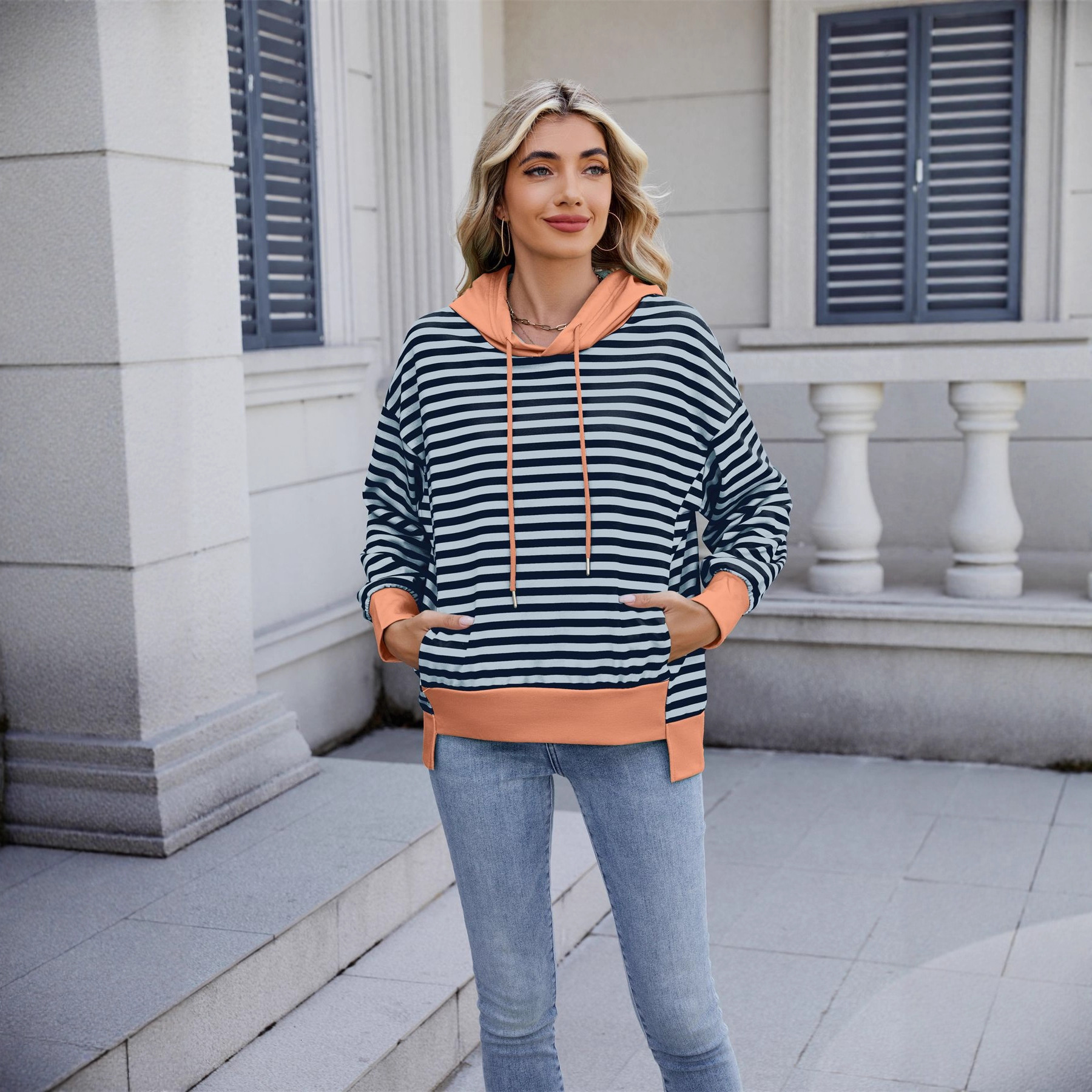 2025 Autumn and Winter New Loose Casual ColorBlock Striped Hoodie Sweatshirt for Women