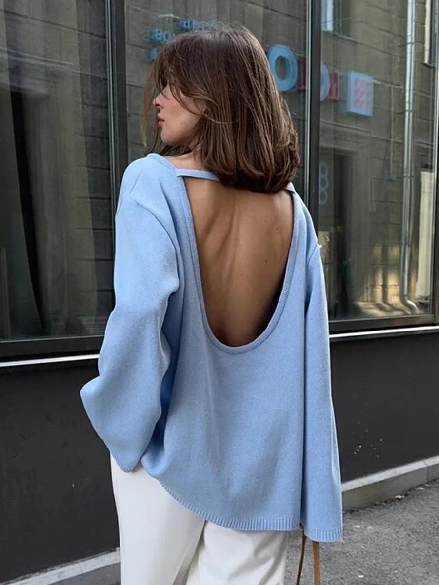 Wolfeel Autumn Winter Womens Cotton Sweater Backless Loose Knit Pullover Jumper Fashionable Commuting Sweater 251023