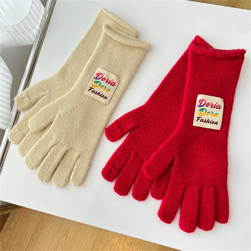 Solid Color Woolen Knitted Gloves Korean Long Split Finger Gloves Women Winter Thickened Student Mitten Touch Screen Work Gloves 251023