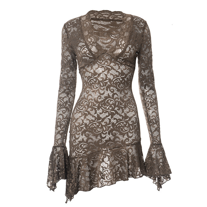 European and American 2025 Spring New Sexy Designer V-neck Lace Dress with Ruffle Transparent Slimming Women's Short Skirt