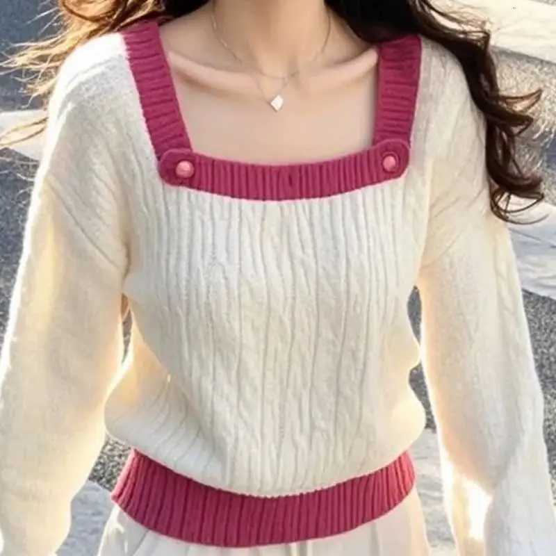 Women Clothing Spring Autumn Fashion Korean Screw Thread Color Blocking Knitting Square Collar Female Appear Thin Sweater PullovT251025